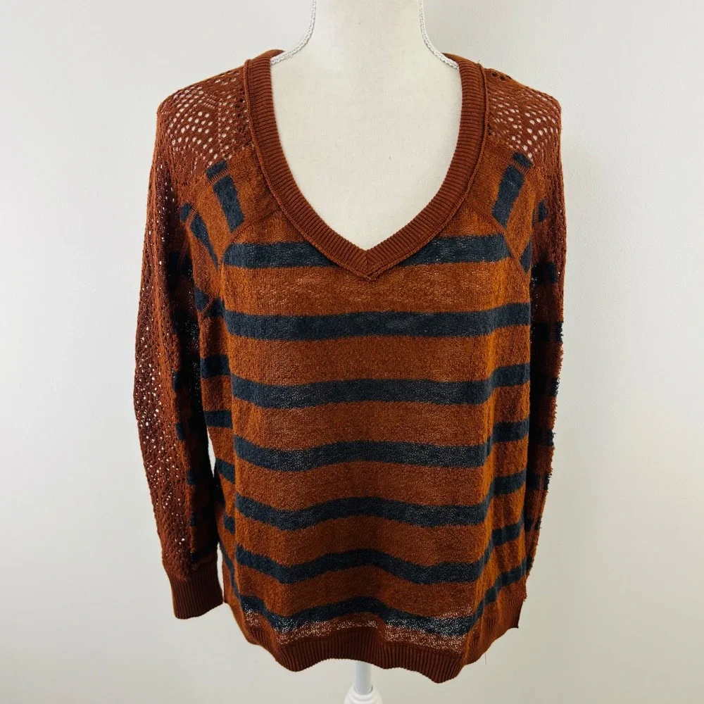 Free People We The Free Striped V-Neck Sweater Rust Brown Grey XS Open Knit Boho